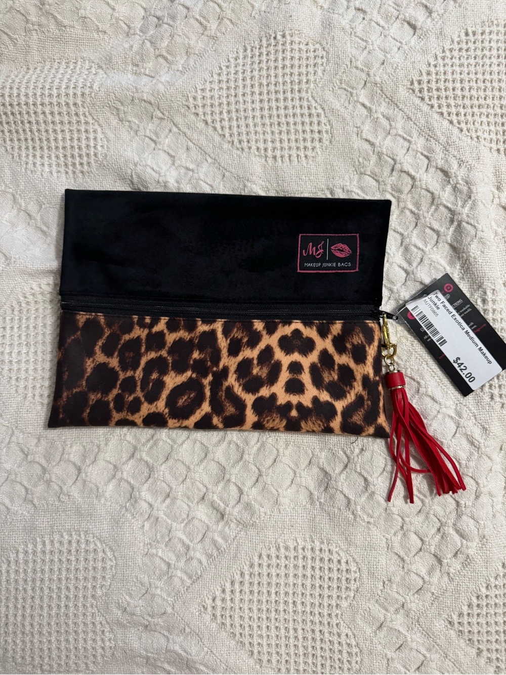 Makeup Junkie Leopard & Black Clutch/makeup bag with Red Tassel